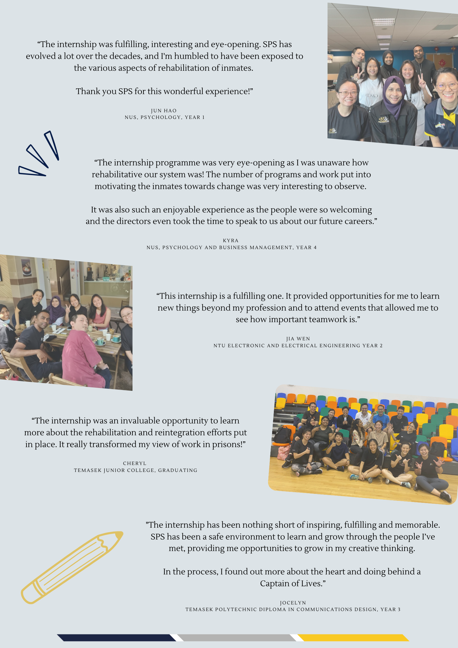 Five internship testimonials with highlighted quotes and group photos in various settings toward inmate rehabilitation.